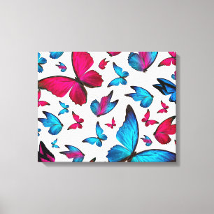 Vlinder in blauw en roze kleur canvas afdruk