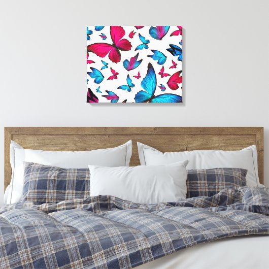 Vlinder in blauw en roze kleur canvas afdruk (Insitu (Slaapkamer))