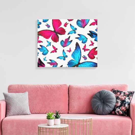Vlinder in blauw en roze kleur canvas afdruk (Insitu (Woonkamer))