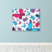 Vlinder in blauw en roze kleur canvas afdruk (Insitu (Houten vloer))