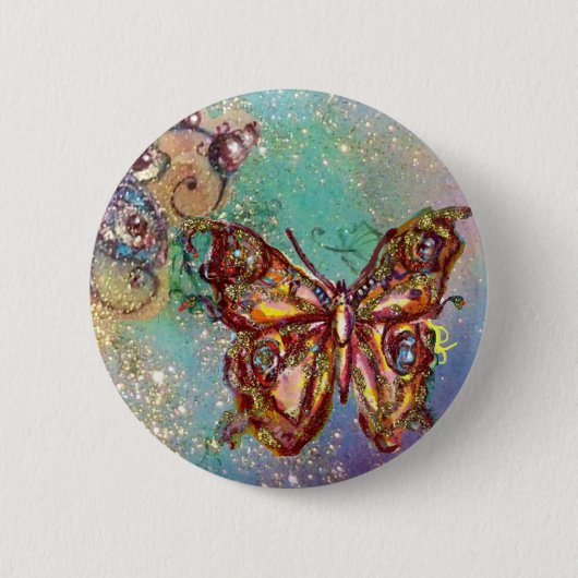 VLINDER IN BLAUW GOUD VONKELT RONDE BUTTON 5,7 CM (Voorkant)