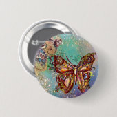 VLINDER IN BLAUW GOUD VONKELT RONDE BUTTON 5,7 CM (Voorkant /achterkant)