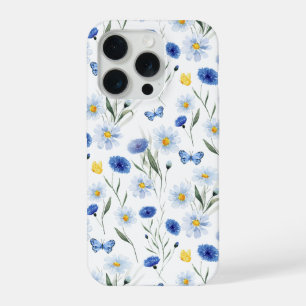 Vlinder in blauwe aquarel wilde bloemenweide iPhone 15 pro case