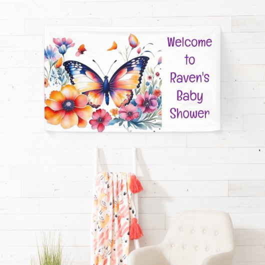 Vlinder in Bloemen Meisjes Baby shower Spandoek (Insitu)