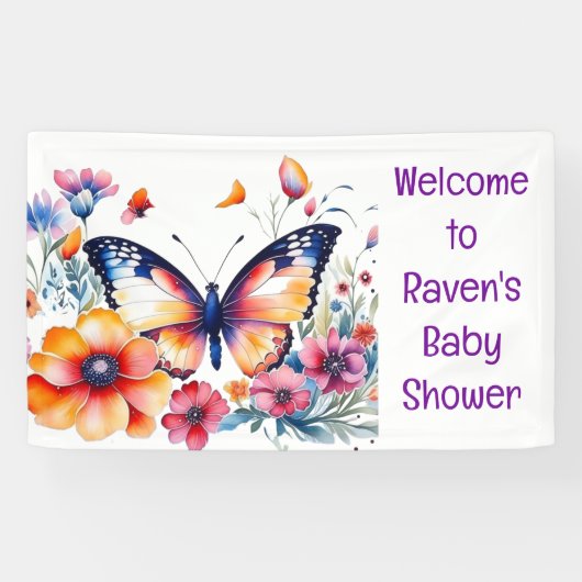 Vlinder in Bloemen Meisjes Baby shower Spandoek (Horizontaal)