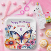 Vlinder in Bloemen Meisjes Verjaardagsfeestje Papieren Bordje (Feest)