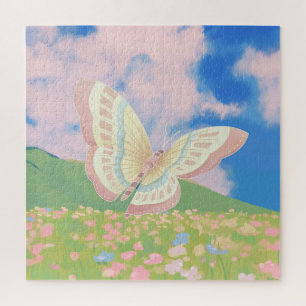 Vlinder in een bloemenveld Schilderij Legpuzzel