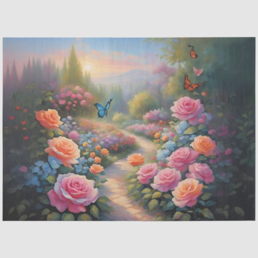 Vlinder in een rozentuin decoupage tissuepapier (Voorkant)