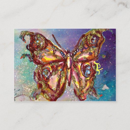 VLINDER IN GOUD EN BLAUW GROENE SCHITTERINGEN, bla Visitekaartje (Achterkant)
