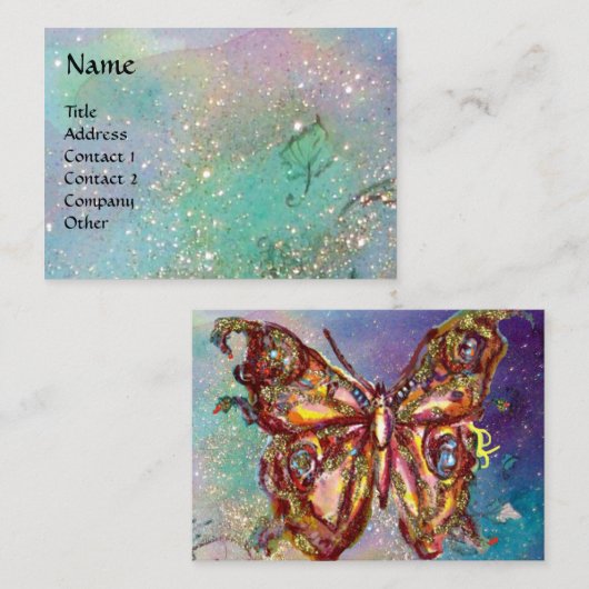 VLINDER IN GOUD EN BLAUW GROENE SCHITTERINGEN, bla Visitekaartje (Voorkant / Achterkant)