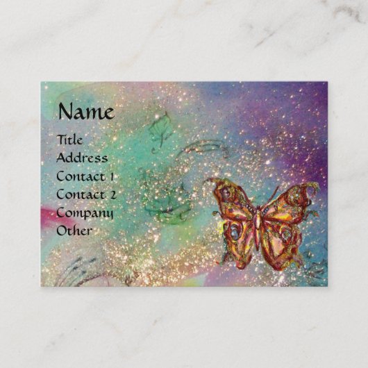 VLINDER IN GOUD EN BLAUW GROENE SCHITTERINGEN, bla Visitekaartje (Voorkant)