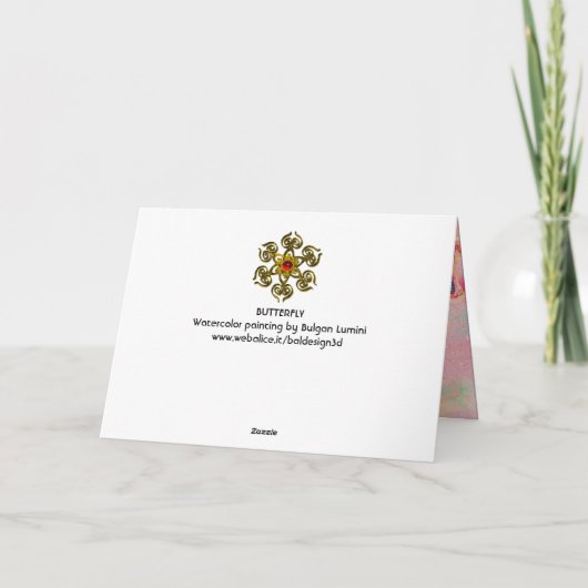 VLINDER IN GOUDEN GLINSTERINGEN, Roze Groen Turkoo Kaart (Achterkant)