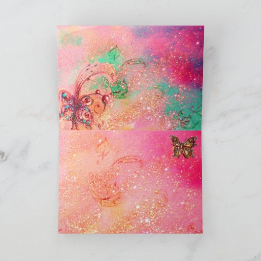 VLINDER IN GOUDEN GLINSTERINGEN, Roze Groen Turkoo Kaart (Binnen)