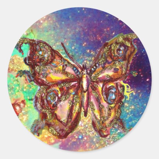 VLINDER IN GOUDEN SPROKKELS RONDE STICKER (Voorkant)