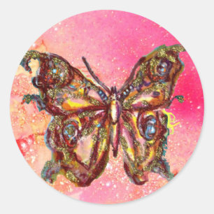 VLINDER IN GOUDEN SPROKKELS RONDE STICKER
