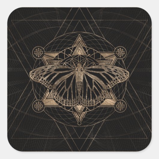 Vlinder in Heilige Geometrie - Zwart en Goud Vierkante Sticker (Voorkant)