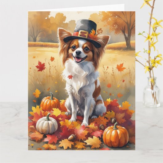 Vlinder in Herfstbladeren Dankzegging Kunst Kaart (Gele Bloem)