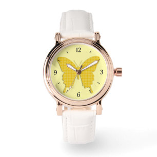 Vlinder in stervormige print - goudgeel horloge