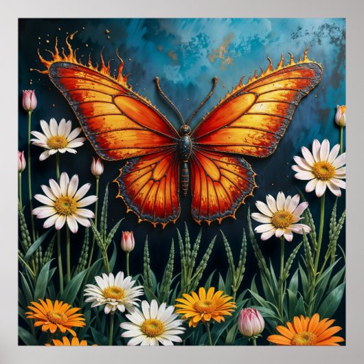 Vlinder in vlammen fantasie witte kamille kunst poster (Voorkant)
