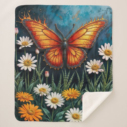 Vlinder in vlammen fantasie witte kamille kunst sherpa deken (Voorkant)