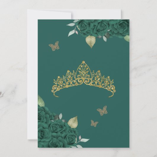 Vlinder Jade Groen Roos en Gouden Quinceanera Kaart (Achterkant)