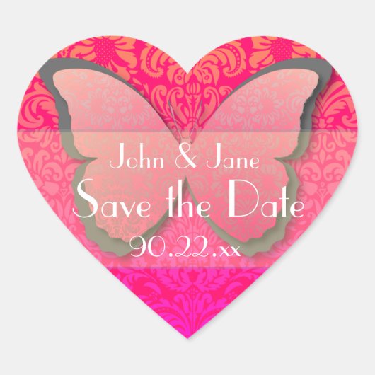 Vlinder Kant "Save the Date" (hot pink & koraal) Hart Sticker (Voorkant)