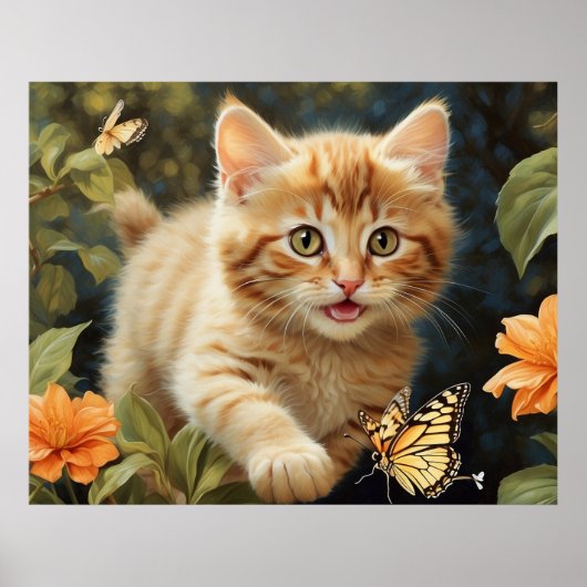 *~* Vlinder Kat Bloemen 5:4 Kitten Cat AP68 Poster (Voorkant)