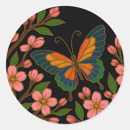 Vlinder Kersenbloesem Maan Ronde Sticker (Voorkant)