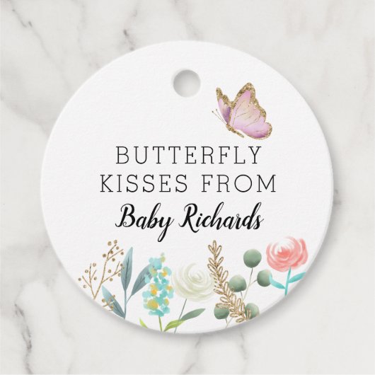 Vlinder Kisses Schattige Baby shower Bloemen Bedankjes Labels (Voorkant)