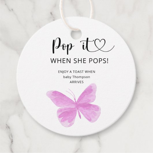 Vlinder - knal het wanneer zij knalt baby shower bedankjes labels (Voorkant)