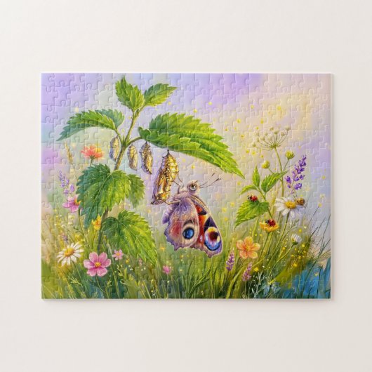 Vlinder komt uit pop op brandnetels legpuzzel (Horizontaal)