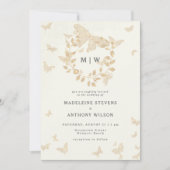 Vlinder krans Ivoor Goud Monogrammen Bruiloft Kaart (Voorkant)