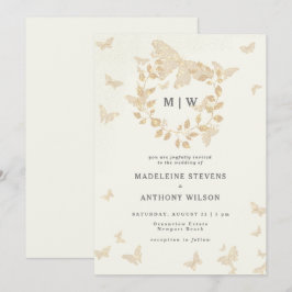 Vlinder krans Ivoor Goud Monogrammen Bruiloft Kaart