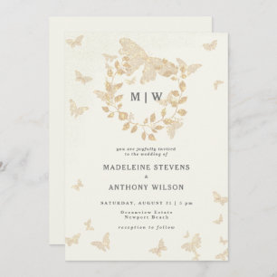 Vlinder krans Ivoor Goud Monogrammen Bruiloft Kaart