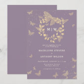 Vlinder krans Lila gouden monogrammen bruiloft Kaart (Voorkant / Achterkant)