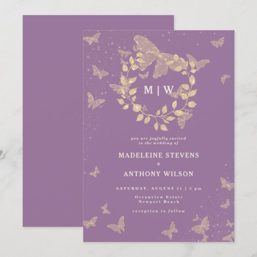 Vlinder krans Paarse gouden monogrammen bruiloft Kaart (Voorkant / Achterkant)