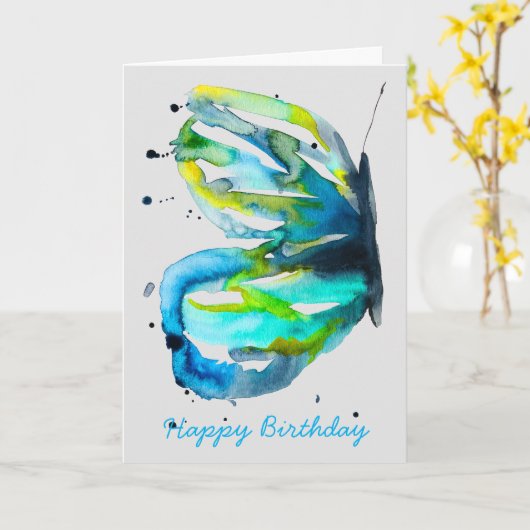 Vlinder kunst waterverf blauw kaart (Gele Bloem)