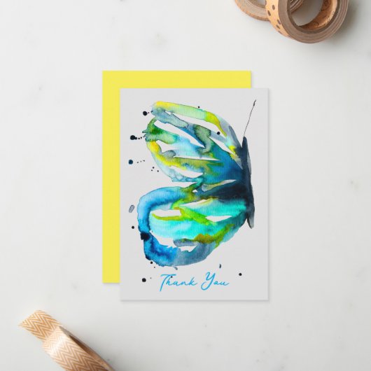 Vlinder kunst waterverf blauw notitiekaartje (Voorkant / Achterkant in situ)