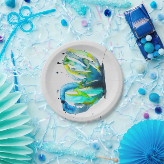 Vlinder kunst waterverf blauw papieren bordje (Feest)