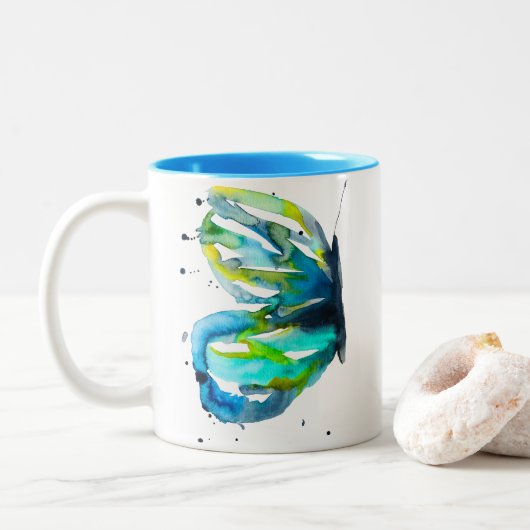 Vlinder kunst waterverf blauw tweekleurige koffiemok (Met donut)