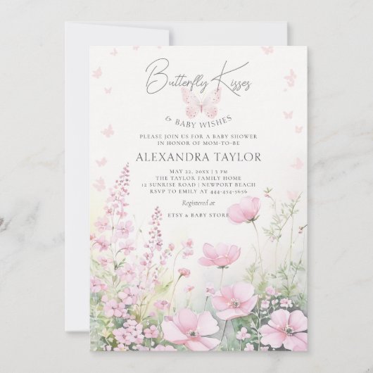 vlinder kus roze wilde bloemen baby meisje douche kaart (Voorkant)