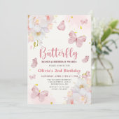 vlinder kusjes florale boho roze meisje verjaardag kaart (Staand voorkant)