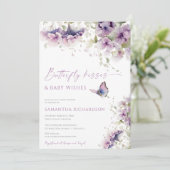 Vlinder kussen en baby wenst paarse lavendel kaart (Staand voorkant)