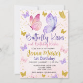VLINDER KUSSEN ROZE & PAARSE 1E VERJAARDAG KAART (Voorkant)