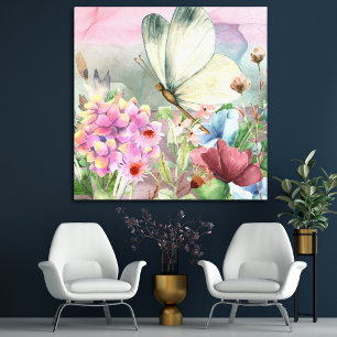 Vlinder kussen tussen bloemen canvas afdruk