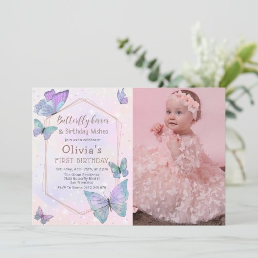 vlinder kussen vlinder meisjes verjaardag foto kaart (Staand voorkant)