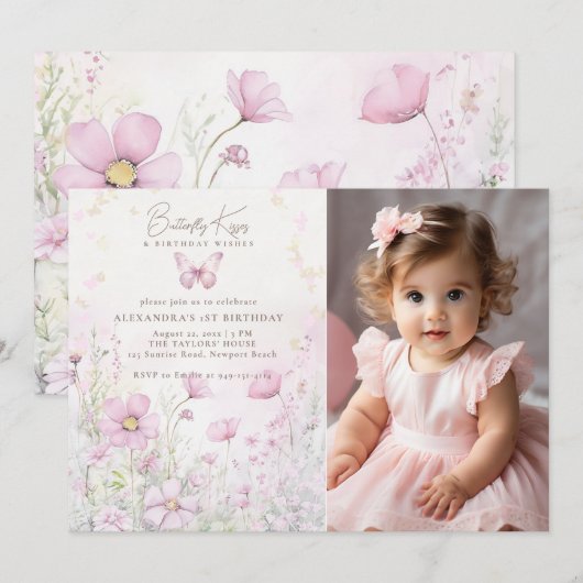 Vlinder kussen Wildbloemen Foto 1e verjaardag Kaart (Voorkant / Achterkant)