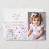 Vlinder Lavendel Wildbloemen Foto 1e Verjaardag Kaart (Voorkant)