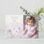 Vlinder Lavendel Wildbloemen Foto 1e Verjaardag Kaart (Staand voorkant)