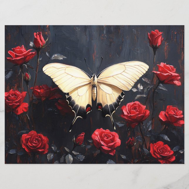 Vlinder Levendige Rode Rozen Scrapbook Papier (Voorkant)